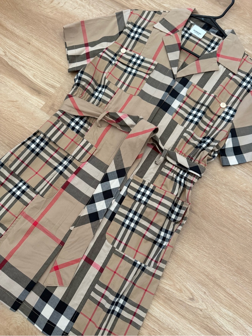 Checkered Short Sleeve Shirt Dress in Beige, Black & Red - Picture 2 of 7